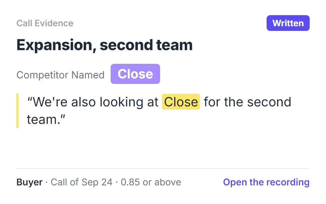 A written Call Evidence record: Competitor Named is Close, quoted from the buyer on the call of Sep 24, 0.85 or above.