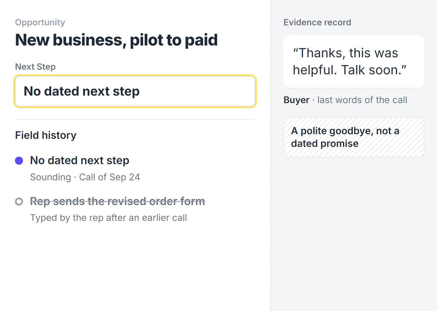 Next Step on New business, pilot to paid now reads No dated next step; field history keeps the value the rep typed, and the evidence quotes a polite goodbye.